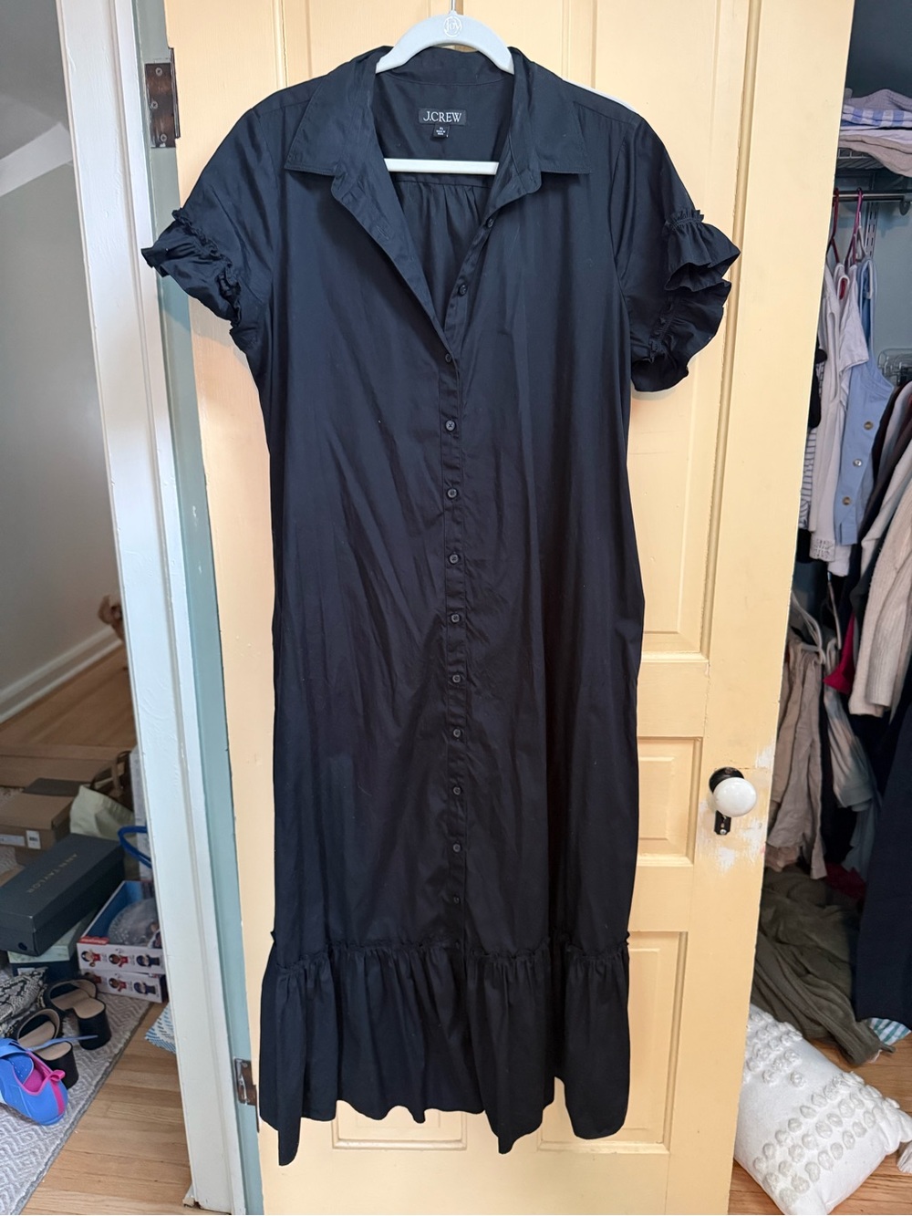 J. Crew Black Button-Front Midi Dress with Ruffle Hem